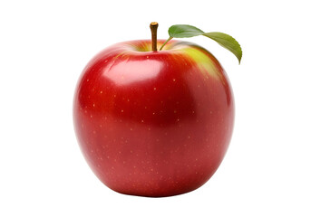 Vibrant Red Apple with Leaf on White Background.