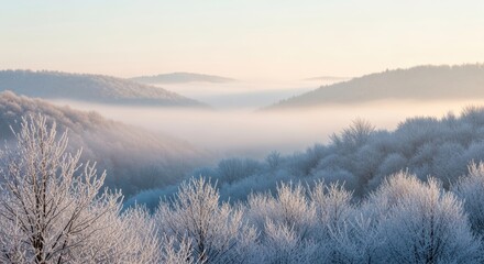 Serene winter landscape with frosty trees and misty mountains at sunrise