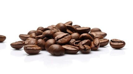Naklejka premium A close-up of a pile of freshly roasted coffee beans, their rich brown hues and glistening surfaces captured in high detail, against a plain white background, creating a minimalist and focused composi