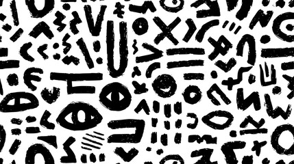 Abstract black and white pattern with shapes and symbols