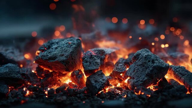 Embers glowing hot coal fire burning bright, 4k video footage