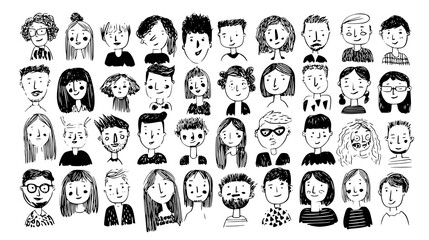 Diverse hand-drawn cartoon faces collection