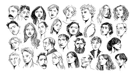 Collection of hand-drawn portraits in black and white