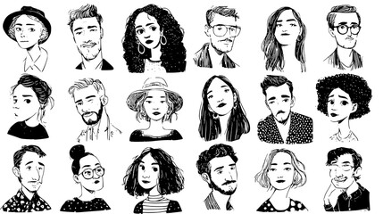 Diverse illustrated portraits in black and white