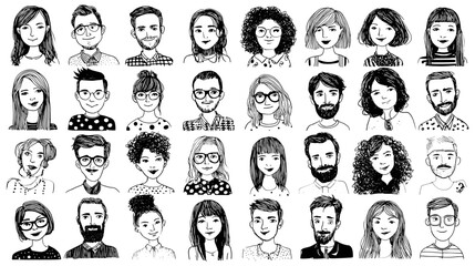 Diverse hand-drawn portraits collection 