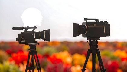 Two video cameras on tripods face each other, a white silhouette of a head is between them, autumn foliage in the background