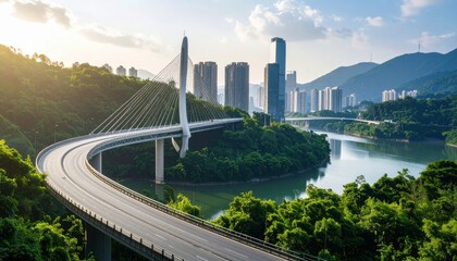 Cable-Stayed Bridge Over Waterway with Cityscape and Greenery
