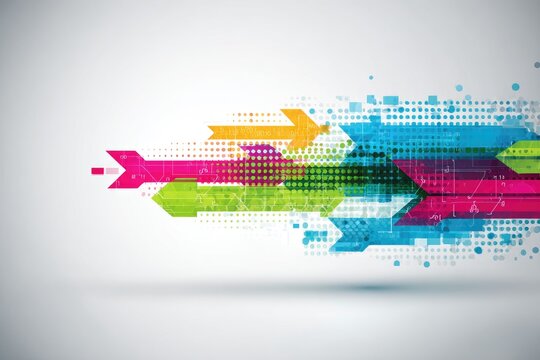 Abstract tech background with colorful arrows and halftone patterns - Powered by Adobe