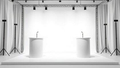 Fototapeta premium Empty Debate Stage with Two Podiums and Lighting