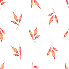 Watercolor autumn branches with yellow leaves. Seamless pattern.