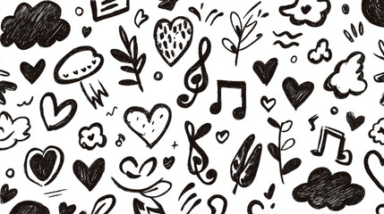 Whimsical doodle pattern with hearts and music notes