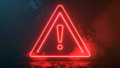 Glowing neon red triangle sign with bold exclamation point. Caution, warning and attention.