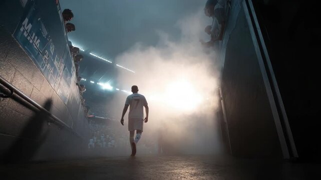 Soccer Player Walking Towards Stadium Lights Fans Cheering, 4k video footage