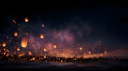 Floating lanterns illuminating the night sky during a celebratory event