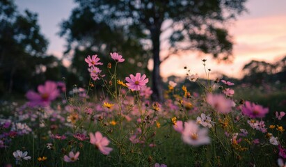 Naklejka premium Colorful cosmos flowers in a field at sunset