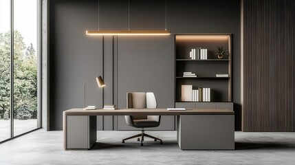 Elegant home office with luxury desk, bespoke lighting, and polished surfaces