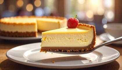 Cheesecake Slice with Strawberry on Plate