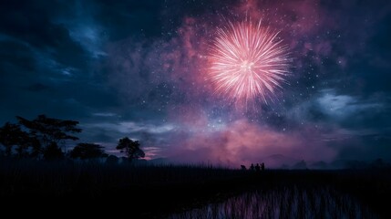 Vibrant fireworks display over a serene rice field in the countryside