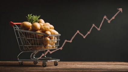 Shopping cart filled with potatoes, rising graph