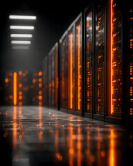 Server room interior with rows of lit servers and reflective floor.