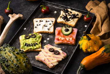 Halloween food for children, monsters toasts