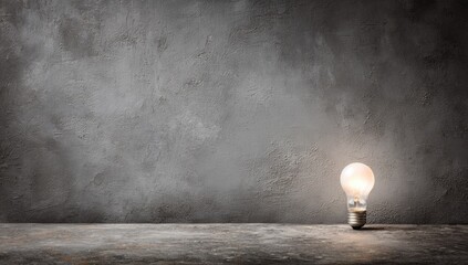 Illuminated light bulb against a textured gray wall.
