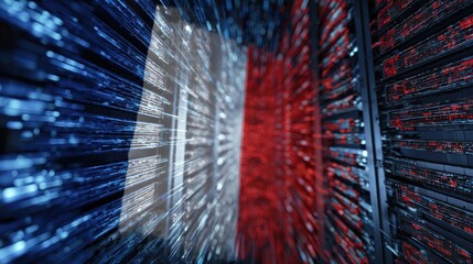 Data France. French Flag on Technology Background with Cybersecurity Servers