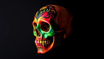 Vibrant, painted skull against a stark black backdrop,  death,   tradition