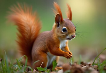 Red Squirrel's Gentle Gaze in Verdant Woodland Habitat