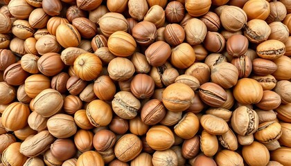 A jumbled pile of various nuts in their shells and shelled, close-up,  shells,  brown