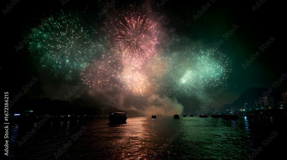 Poster vibrant fireworks display over a tranquil river with boats floating below