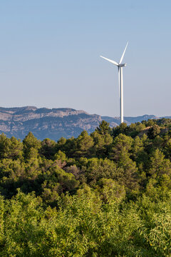 Wind turbine above forested hills of Terra Alta, Catalonia, Spain, a landmark of renewable energy and the balance between green technology and natural environment.                           