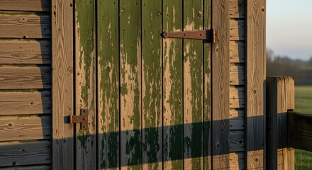 Rustic weathered wooden shed door with peeling green paint in sunset light