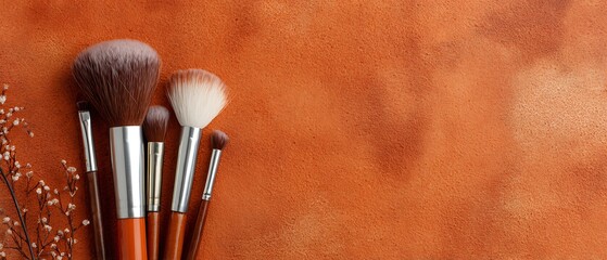 orange surface with cosmetic application tools in neutral colors
