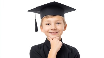 Portrait of a Smiling Young Child in Graduation Attire, Posing with a Hand Under Their Chin.