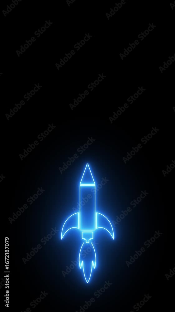 Poster neon rocket icon icon animation. glowing rocket icon isolated on black background motion graphics. s