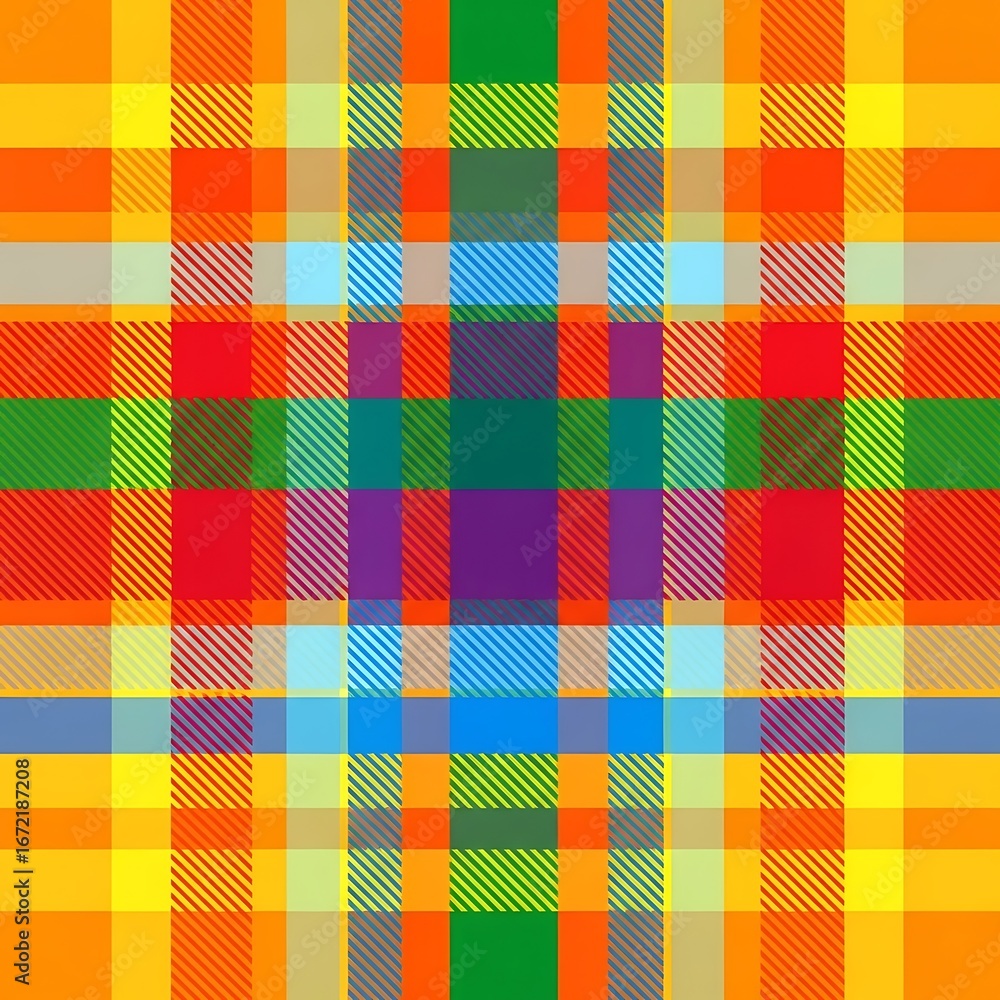 Aufkleber vibrant plaid pattern with intersecting stripes and bold color blocks creating a geometric textile d