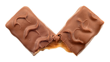 Bar with peanuts, hazelnuts, caramel and chocolate on a white background. View from above. Nut bar...
