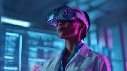 A female scientist with light brown skin wearing a lab coat and VR headset monitors deep-sea mining data in a clean, futuristic lab. Minimalist interior with holographic displays and soft lighting