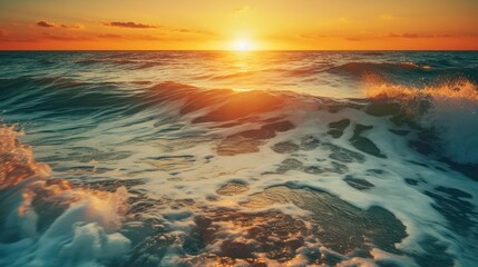 Fototapeta premium sunset beach, ocean waves crashing, vibrant orange sky, dramatic reflection, serene seascape, tranquil water, warm evening light, textured shore, serene horizon, atmospheric landscape 