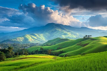 Rolling green hills stretch towards distant, majestic mountains under a dramatic sky, evoking a sense of peaceful vastness and natural beauty, captured with vibrant color.