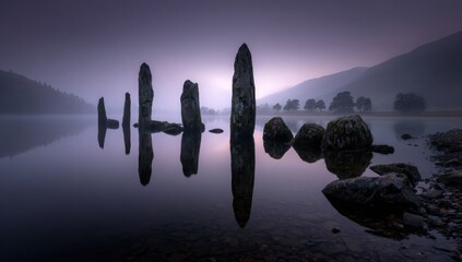 Misty lake scene with ancient stones (3)