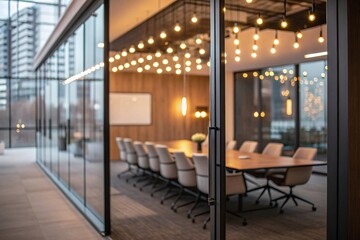 Fototapeta premium Modern conference room with glass walls and ambient lighting for business meetings