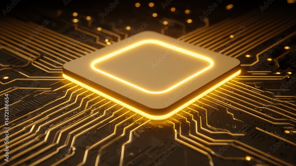 Poster a luminous central processing unit glows against a complex network of golden circuitry, evoking them