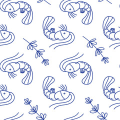 Two-Color Seamless Shrimp Pattern on White Background Mediterranean Cuisine Illustration