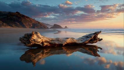 Golden hour beach scene with driftwood reflection