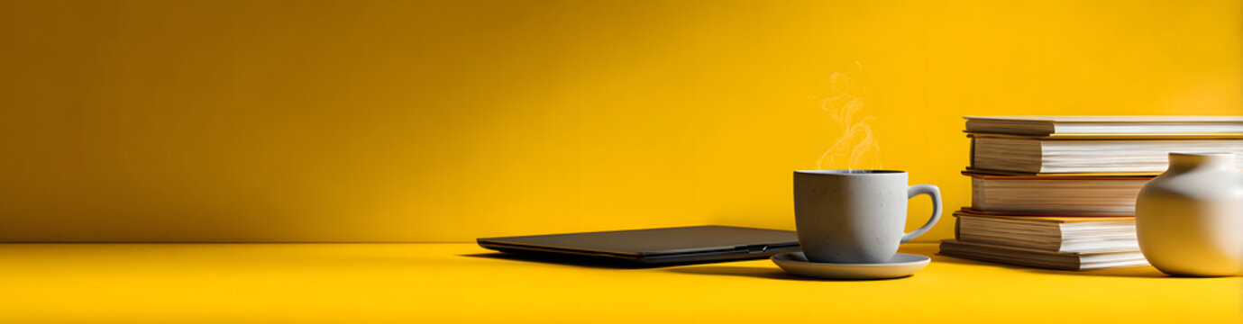 a laptop, books and coffeecup on a yellow backgroundwith copy space for a textweb banner design templatefor online education or diital learning concepts.
