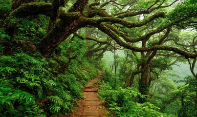 Lush, mossy path through a misty rainforest
