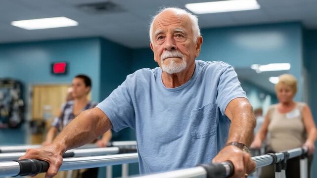 Active Recovery in Rehab: A determined senior man engages in physical therapy, using parallel bars for support, within a modern rehabilitation facility, exuding resilience.