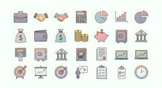 Vibrant Business and Finance Icons for Investment, Banking, and Corporate Success